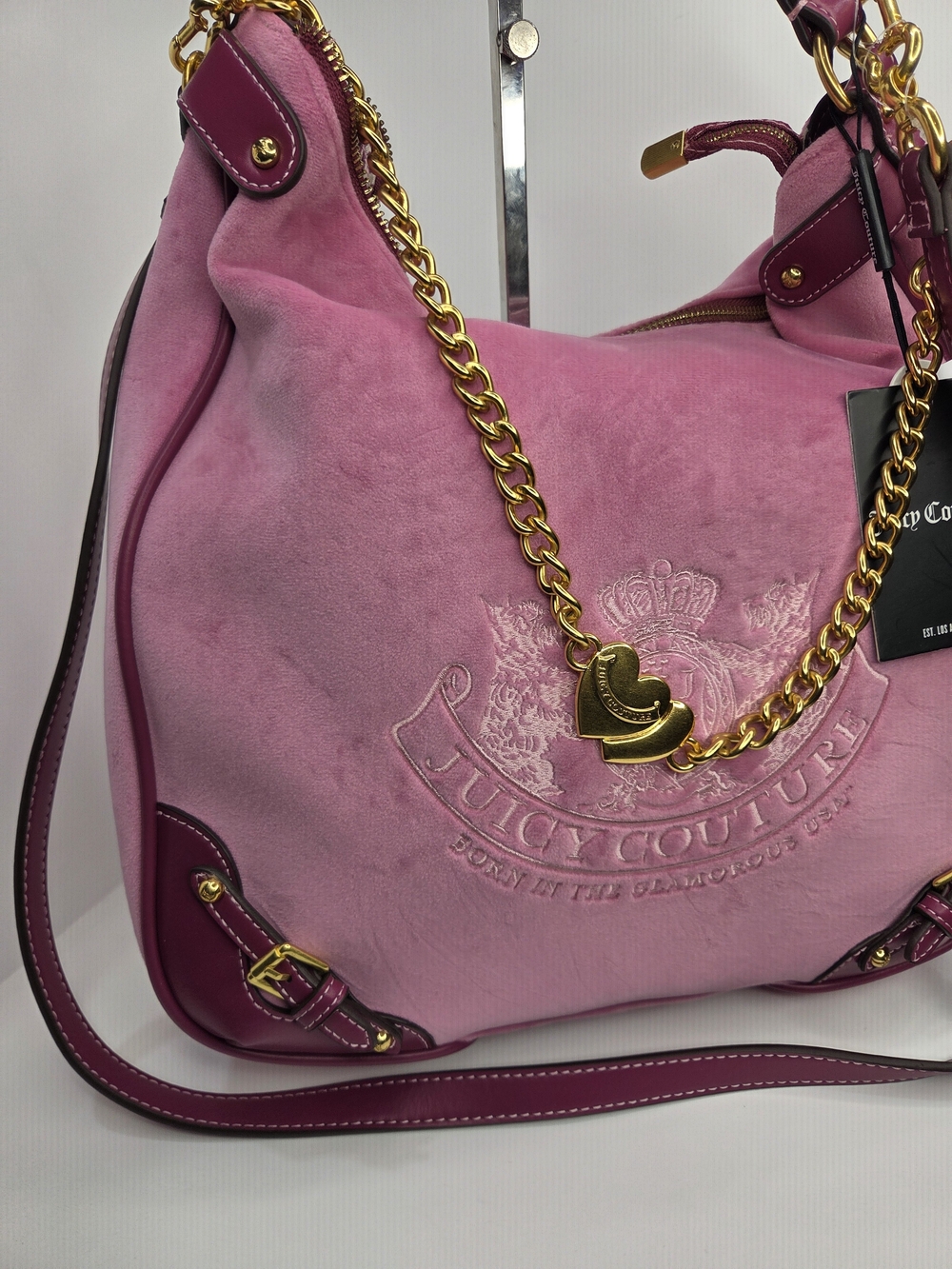💕▪️Juicy Couture▪️uk Exclusive Twig Pink Suede Purple Trim Gold Chain Hobo Bag - Picture 5 of 13